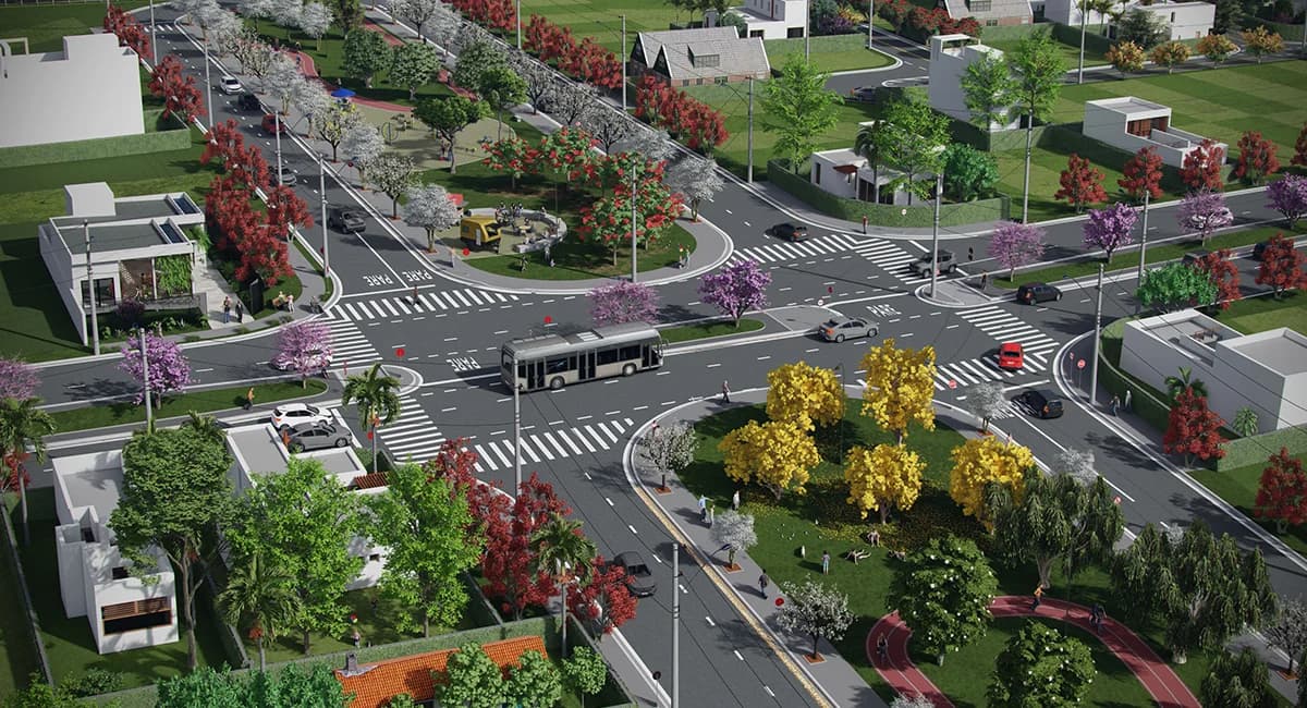 Vista aérea do Smart Urba Dunlop com avenidas arborizadas, casas e rotatória