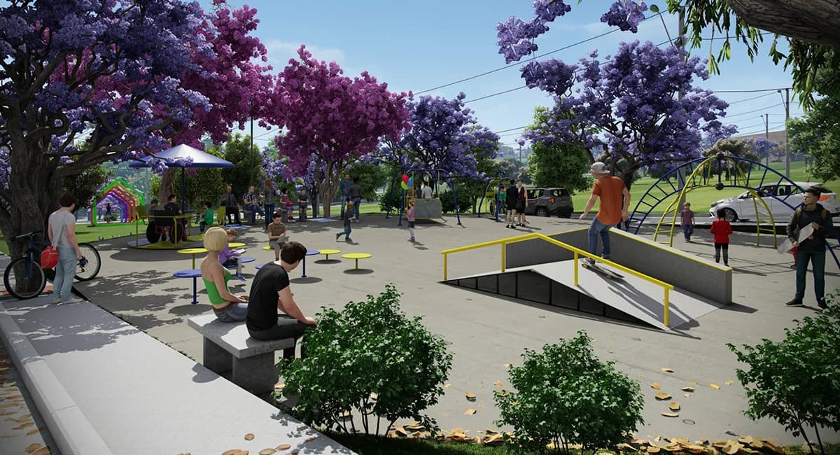 Skatepark e praça sob jacarandás floridos, com pessoas e crianças