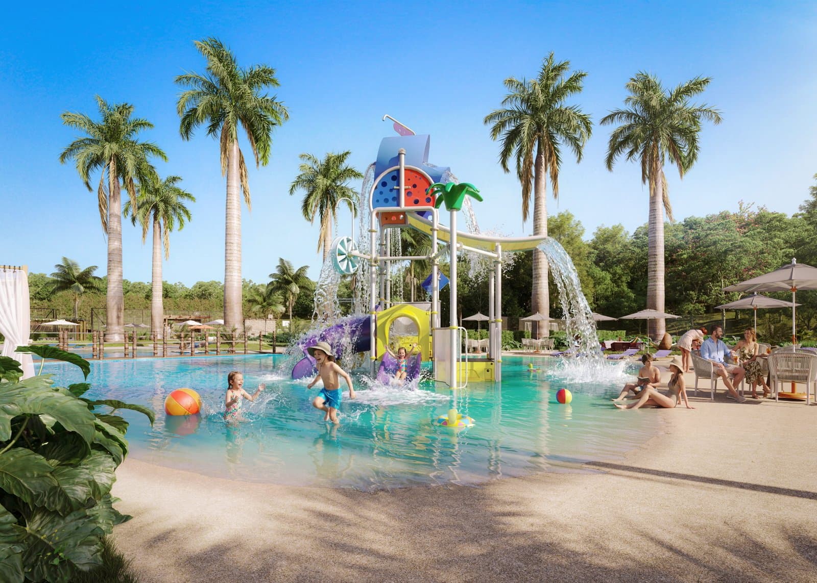 Perspectiva das piscinas e do complexo de lazer do Atlantis