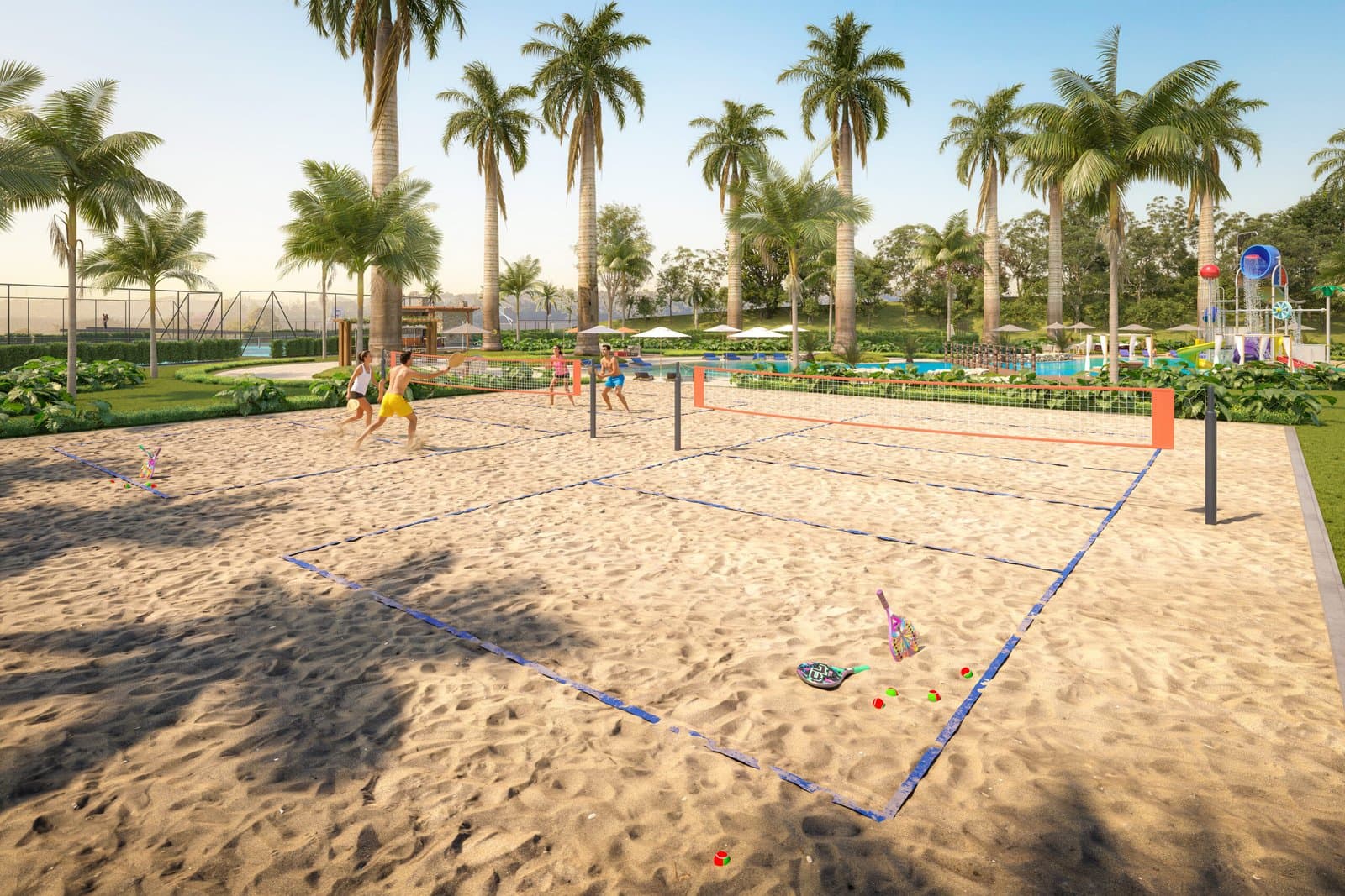 Perspectiva da quadra de beach tennis do Atlantis