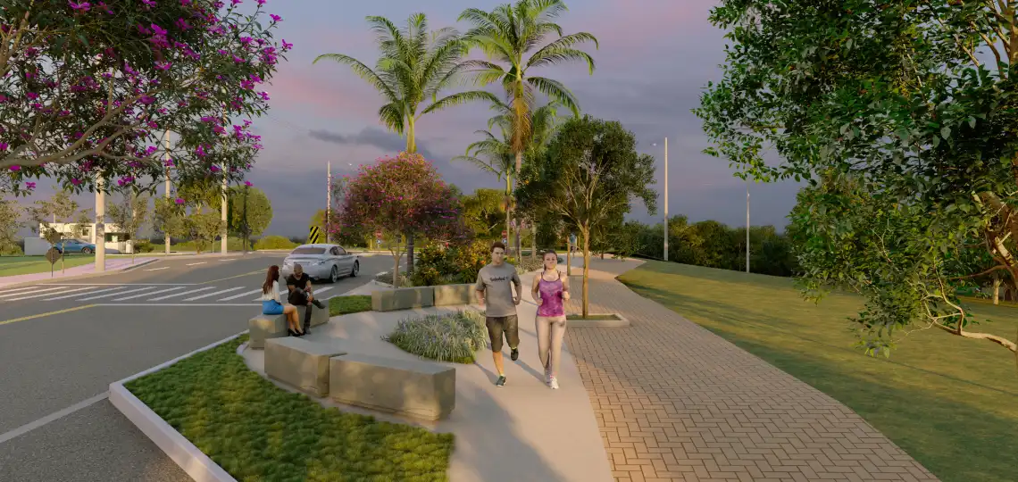 Pista de caminhada arborizada ao longo da alameda