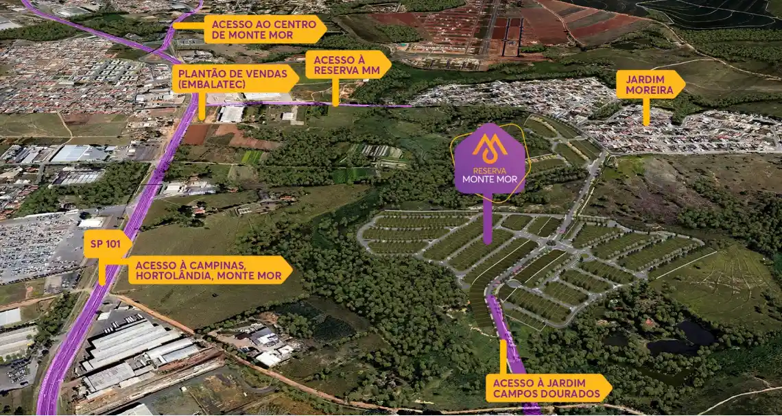 Mapa de localização do Reserva Monte Mor com os acessos à SP-101, ao centro de Monte Mor e às cidades vizinhas