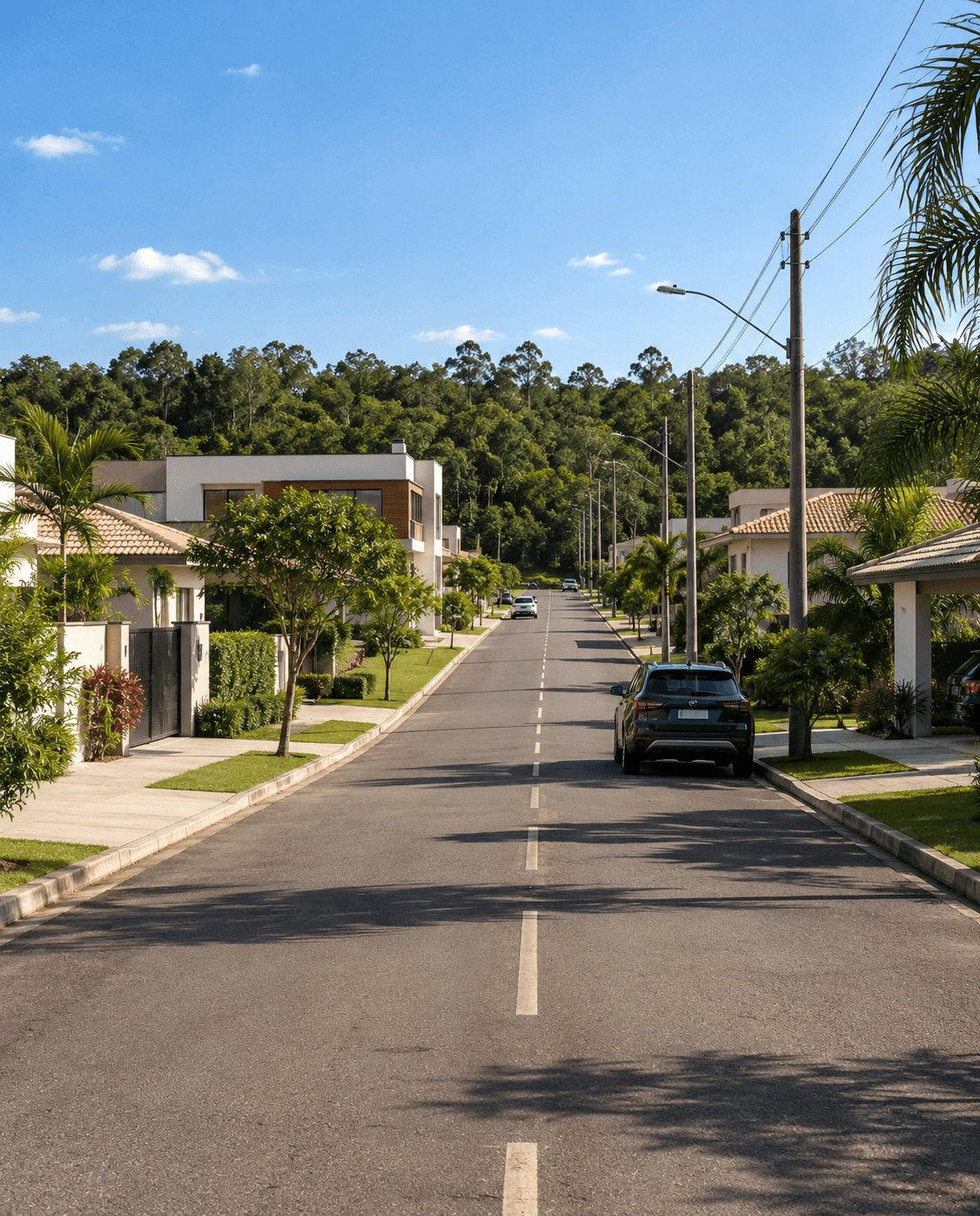Rua pavimentada de um residencial com casas, calçadas e iluminação pública